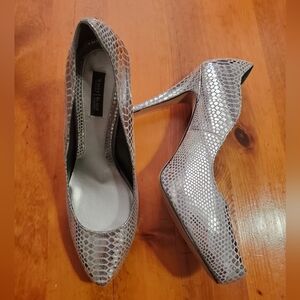 White House Black Market Silver Snakeskin Heels